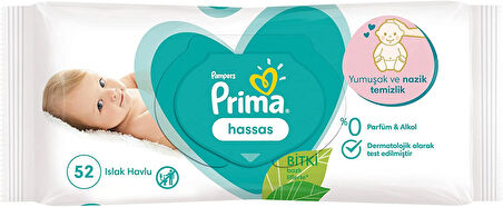 Prima Islak Havlu Mendil Hassas Ciltler İçin Bitki Bazlı Kokusuz 52 Yaprak Tekli Pk