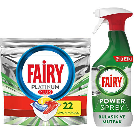 Platinum Plus 22 Yıkama Bulaşık Makinesi Kapsülü + Fairy Power Sprey 3’ü 1 Arada Bulaşık ve Mutfak 500 ml