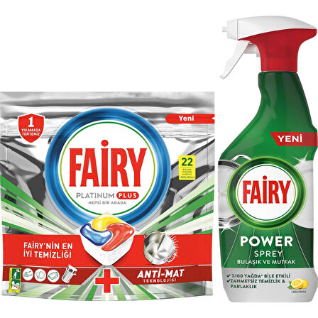 Platinum Plus 22 Yıkama Bulaşık Makinesi Kapsülü + Fairy Power Sprey 3’ü 1 Arada Bulaşık ve Mutfak 500 ml