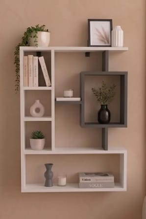 Reyo Enda Bigane Duvar Rafı 70,9 × 93,6 cm, Asimetrik Çok Bölmeli Duvara Monte Raf - Beyaz Antrasit