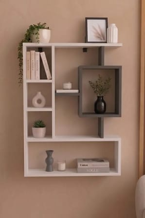 Reyo Enda Bigane Duvar Rafı 70,9 × 93,6 cm, Asimetrik Çok Bölmeli Duvara Monte Raf - Beyaz Antrasit