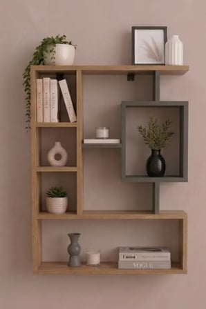 Reyo Enda Bigane Duvar Rafı 70,9 × 93,6 cm, Asimetrik Çok Bölmeli Duvara Monte Raf -  Çam Antrasit