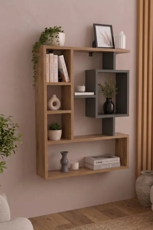Reyo Enda Bigane Duvar Rafı 70,9 × 93,6 cm, Asimetrik Çok Bölmeli Duvara Monte Raf -  Çam Antrasit