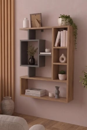 Reyo Enda Bigane Duvar Rafı 70,9 × 93,6 cm, Asimetrik Çok Bölmeli Duvara Monte Raf -  Çam Antrasit