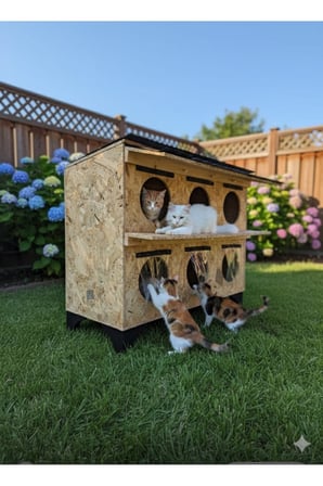 Reyo  Narım Dış Mekan Kedi Evi 6 Kedilik 2 Katlı Ahşap Kedi Barınağı, Su ve Isı Yalıtımlı Monteli