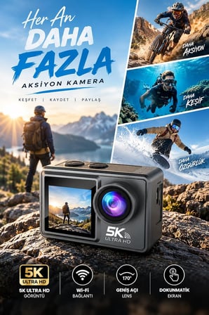 5K Ultra HD Aksiyon Kamera Çift Ekranlı Dokunmatik Ekran Wi-Fi Bağlantılı Spor ve Vlog Kamerası Su Geçirmez Kılıflı Geniş Açı Outdoor Kamera Aksesuar Setli Aksiyon Kamerası 64GB Hafıza Kartı