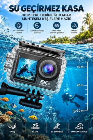 5K Ultra HD Aksiyon Kamera Çift Ekranlı Dokunmatik Ekran Wi-Fi Bağlantılı Spor ve Vlog Kamerası Su Geçirmez Kılıflı Geniş Açı Outdoor Kamera Aksesuar Setli Aksiyon Kamerası 64GB Hafıza Kartı
