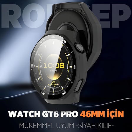 Huawei Watch GT6 Pro 46mm için 2’si 1 Arada Sert Polikarbonat Kasa ve Ekran Koruyuculu Kılıf Dokunma ve Netliği Etkilemeyen Çizilme ve Darbe Önleyici GT6 Pro Ekran Koruyucu Kılıfı (Siyah)