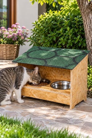 Reyo Narım Doğal Ahşap Kedi Mama İstasyonu, 2'li Mama ve Su Kabı, Su Geçirmez Membranlı