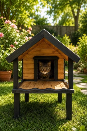 Reyo Narım Isı Yalıtımlı Ahşap Kedi kulübesi, Kedi Evi Yuvası Dış Mekan Özel Tasarım 50x70x80 cm