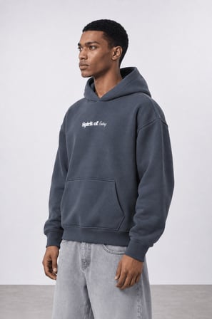 Erkek Spirit Patch Detaylı Oversize Hoodie Füme