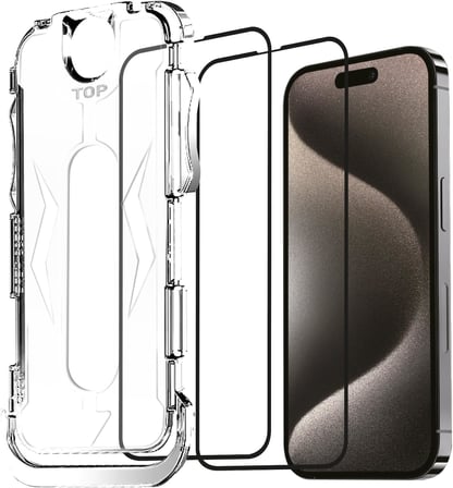 iPhone 16 Plus Uyumlu Hizalama Aparatlı Koruyucu Cam Takılırken Camın Altında Kesinlikle Toz Bırakmayan Tam Koruma Sağlayan Pürüzsüz Lazer Kesim Premium Ekran Koruyucu Kırılmaz Cam