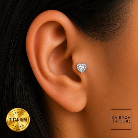 Luxury Kalp Taşlı Titanyum Piercing Helix Flat Conch Burun Labret Kulak Tragus Küpe