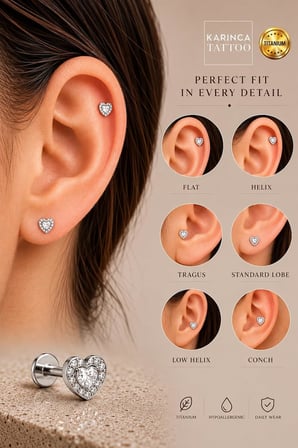 Luxury Kalp Taşlı Titanyum Piercing Helix Flat Conch Burun Labret Kulak Tragus Küpe