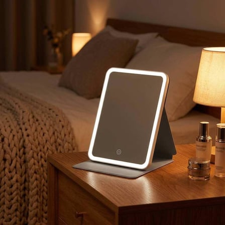 LED Işıklı Katlanabilir Makyaj Aynası - 3 Renk Işık Modlu, Dokunmatik ve Ayarlanabilir Parlaklık (Kısılabilir) - Kılıflı Taşınabilir Seyahat Boy - Masaüstü Kozmetik Aynası