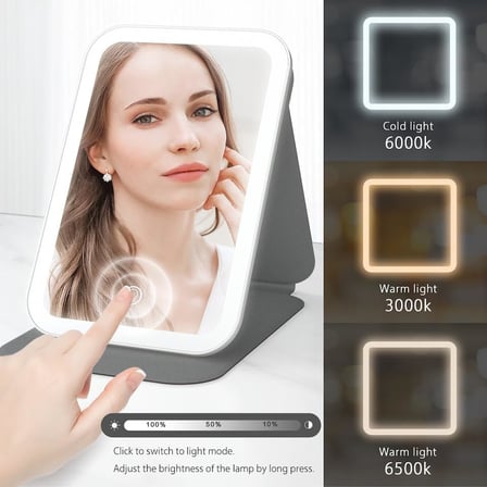 LED Işıklı Katlanabilir Makyaj Aynası - 3 Renk Işık Modlu, Dokunmatik ve Ayarlanabilir Parlaklık (Kısılabilir) - Kılıflı Taşınabilir Seyahat Boy - Masaüstü Kozmetik Aynası