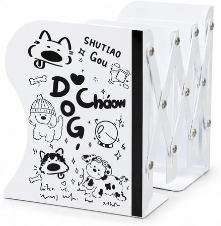 Karikatür Baskılı Teleskopik Metal Kitap Tutucu, Masaüstü Kitap Desteği ve Raf Düzenleyici Stand, 10-50 cm Genişleyebilir, Mıknatıslı Kalemlik Hediyeli, Dog-1