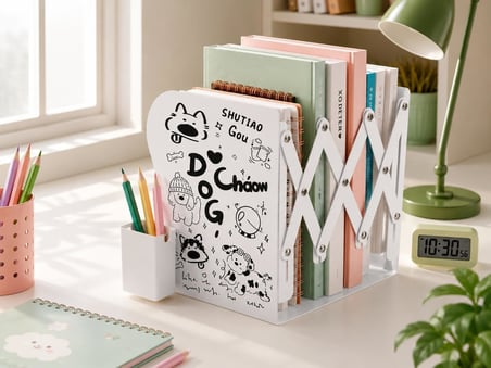 Karikatür Baskılı Teleskopik Metal Kitap Tutucu, Masaüstü Kitap Desteği ve Raf Düzenleyici Stand, 10-50 cm Genişleyebilir, Mıknatıslı Kalemlik Hediyeli, Dog-1