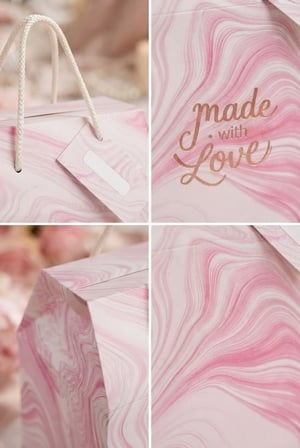 Özel Tasarım Hediye Kutusu, Made With Love Baskılı Pembe Mermer Desenli İpli Hediye Kutusu & Çantası