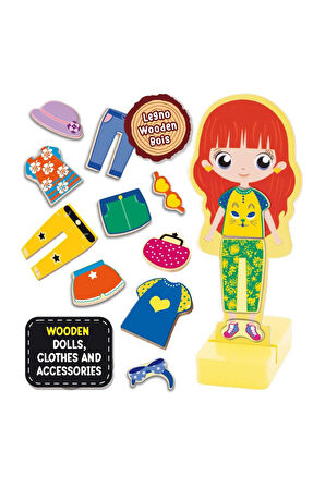 Manyetik Kıyafetleriyle Montessori Ahşap Moda Bebeği ve Gardırop Seti