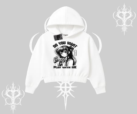 Kapşonlu Crop Sweatshirt Do You Want Play With Me Anime Kız Baskılı