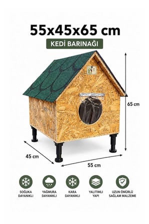 Reyo Narım Kedi Evi İç ve Dış Mekana, Soğuk, Yağmur ve Kar Yalıtımlı Üretim Kedi Barınağı 55x45x65cm