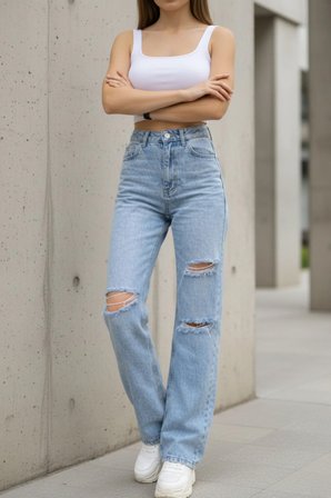 Bella Taş Salaş Dizi Yırtık Rahat Kesim Palazzo Jeans Kot Pantolon