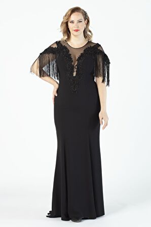 80099 İşlemeli Püsküllü Büyük Beden Uzun Abiye Siyah