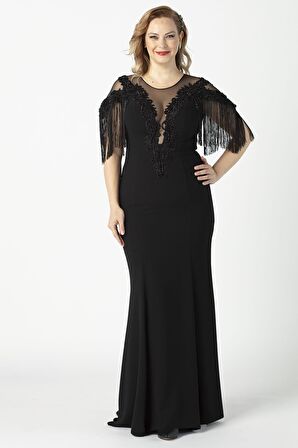 80099 İşlemeli Püsküllü Büyük Beden Uzun Abiye Siyah