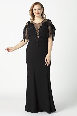 80099 İşlemeli Püsküllü Büyük Beden Uzun Abiye Siyah