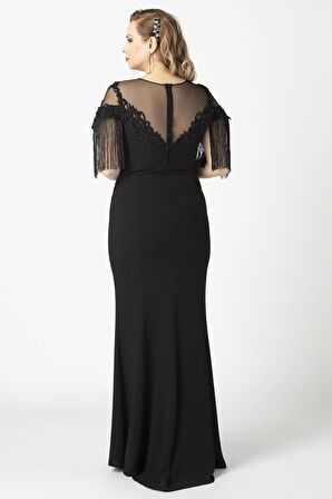 80099 İşlemeli Püsküllü Büyük Beden Uzun Abiye Siyah