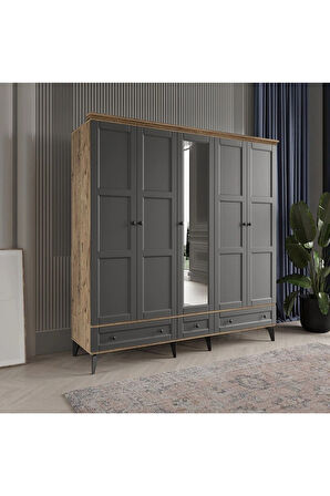 TOPRAK 5 KAPAKLI ANTRASİT GARDIROP TAMAMI MDF