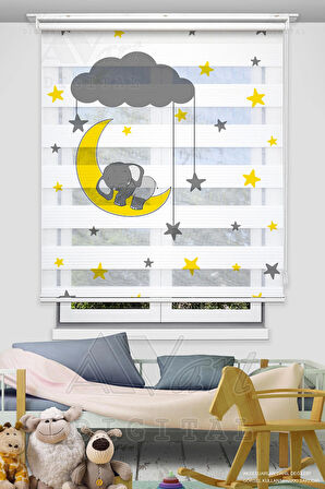 Ay Dede Ve Uyuyan Yavru Fil Baskılı Çocuk Odası Perdesi - Dijital Baskılı Zebra Stor Perde