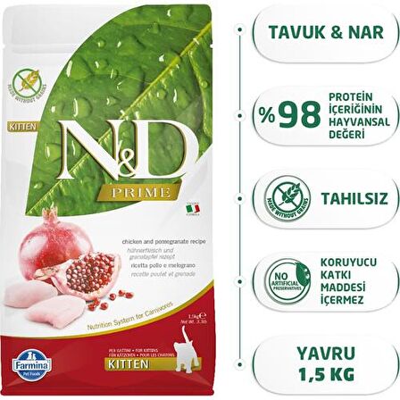 N&D Prime Kitten Tahılsız Tavuklu ve Narlı 1.5 kg Yavru Kedi Maması