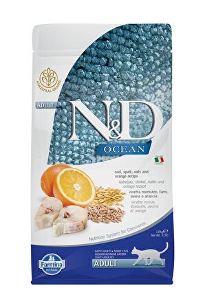 N&D Ocean Düşük Tahıllı Morina Balıklı Portakallı Yetişkin Kedi Maması 1,5 Kg