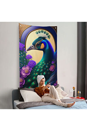 Mor Çiçekler Ortasında Tavus Kuşu Duvar Örtüsü-8010