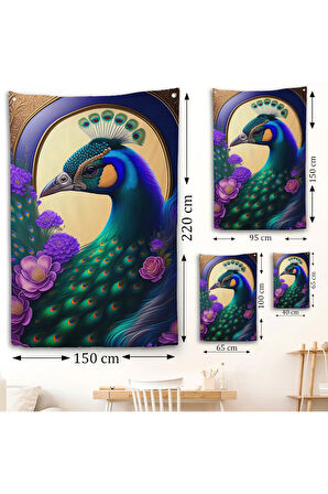 Mor Çiçekler Ortasında Tavus Kuşu Duvar Örtüsü-8010