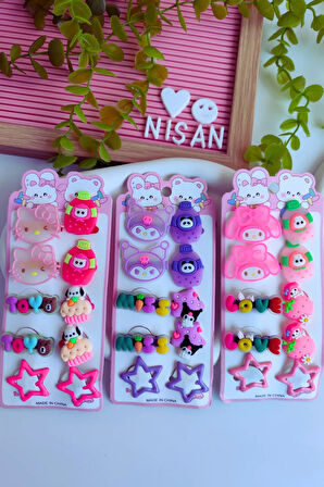 Kuromi - My Melody -Hello Kity  10 Parça Toka Seti(4 Lastik-4 Pens -2 Yıldız Çıtçıt)