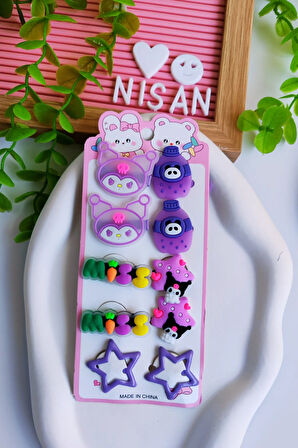 Kuromi - My Melody -Hello Kity  10 Parça Toka Seti(4 Lastik-4 Pens -2 Yıldız Çıtçıt)