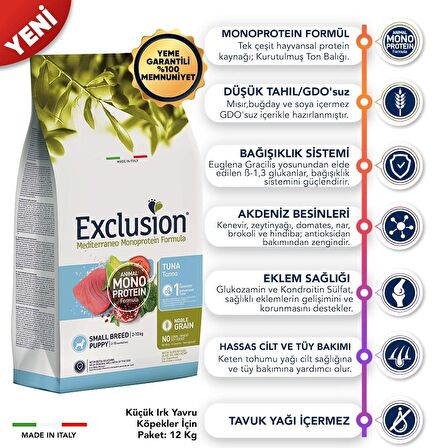 Exclusion Monoprotein Ton Balıklı ve Narlı Düşük Tahıllı Küçük Irk Yavru Köpek Maması 2 Kg