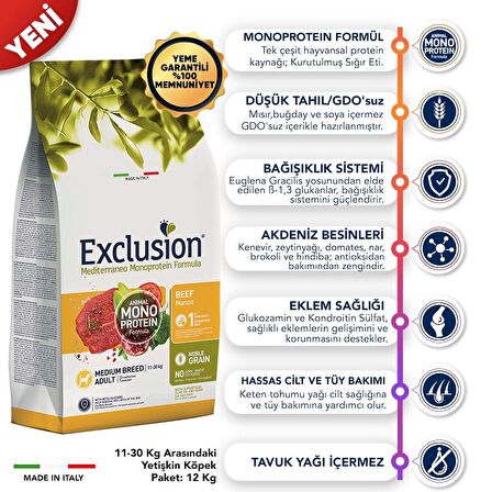 Exclusion Monoprotein Düşük Tahıllı Sığır Etli Yetişkin Medium Köpek Maması