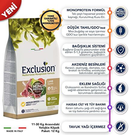 Exclusion Monoprotein Düşük Tahıllı Kuzu Etli Orta Irk Medium Breed Yetişkin Köpek Maması
