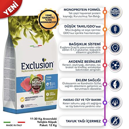 Exclusion Monoprotein Düşük Tahıllı Ton Balıklı Medium Orta Irk Yetişkin Köpek Maması