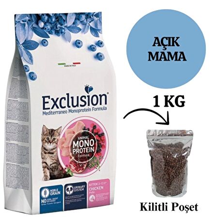 Exclusion Düşük Tahıllı Monoprotein Kitten Tavuklu 1 kg Yavru Kedi Maması - Açık Paket