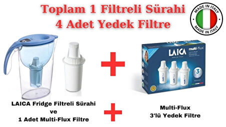 LAICA Fridge ( Mavi ) Filtreli Su Arıtmalı Filtre Sürahi 2.25LT. + Laıca Multi-Flux 3'lü Yedek Filtre