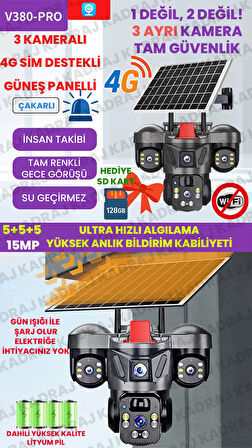 15MP 3 Kameralı Sim Kartlı Kamera, Solar Panelli Kamera,İnsan Algılama, Hareket Takibi, Sesli Alar, 