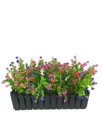 Yapay Çiçek Siyah Çit Balkon Saksısı Renkli Mineli Şimşir Çiçekli 55*35cm
