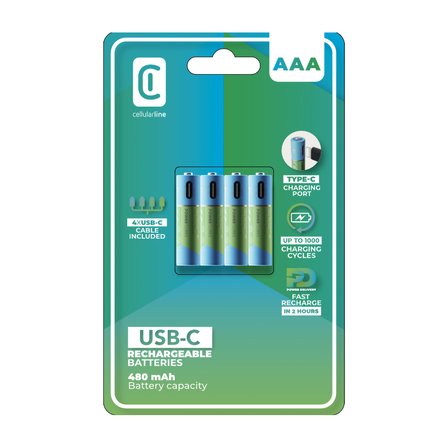 CELLULARLINE PowerCubes USB-C 480 mAh AAA Pil 4'lü