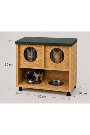 Reyo Narım 2 Bölmeli Kedi Evi ve Mamalık – Yağmura Dayanıklı Dış Mekan Kedi Barınağı 60x60x36 cm