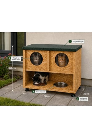 Reyo Narım 2 Bölmeli Kedi Evi ve Mamalık – Yağmura Dayanıklı Dış Mekan Kedi Barınağı 60x60x36 cm